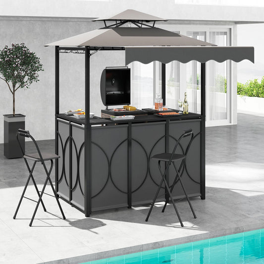 Soft-Top Grill Gazebo with Retractable Awning & 2 Folding Bar Chairs