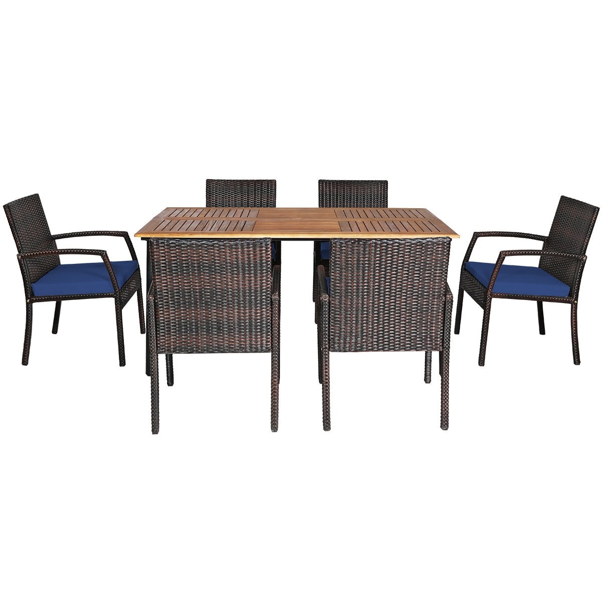 7-Piece Rattan Patio Dining Set with Acacia Table and Umbrella Hole