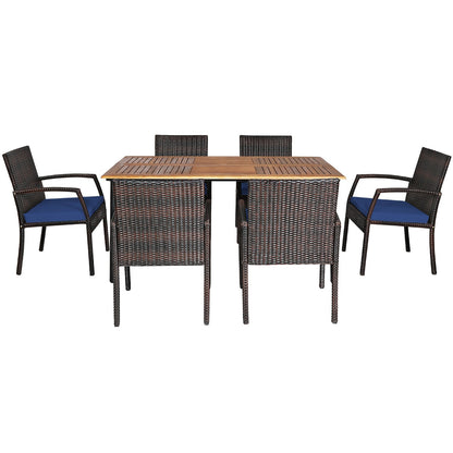 7-Piece Rattan Patio Dining Set with Acacia Table and Umbrella Hole