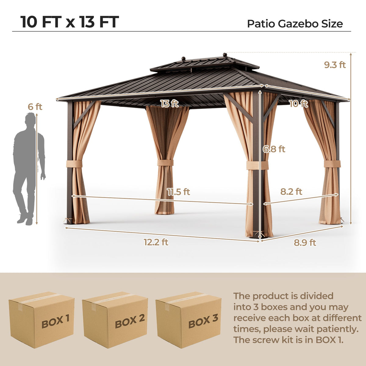 10 × 13 ft Double-Roof Hardtop Gazebo with Netting & Curtains – Coffee