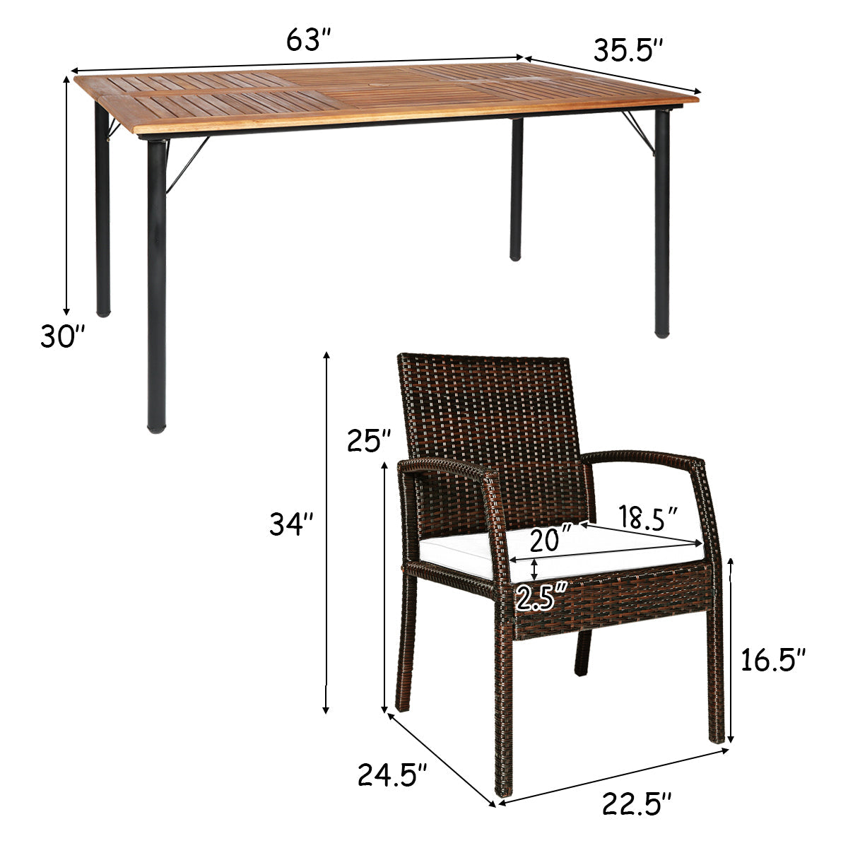 7-Piece Rattan Patio Dining Set with Acacia Table and Umbrella Hole