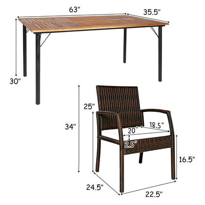 7-Piece Rattan Patio Dining Set with Acacia Table and Umbrella Hole
