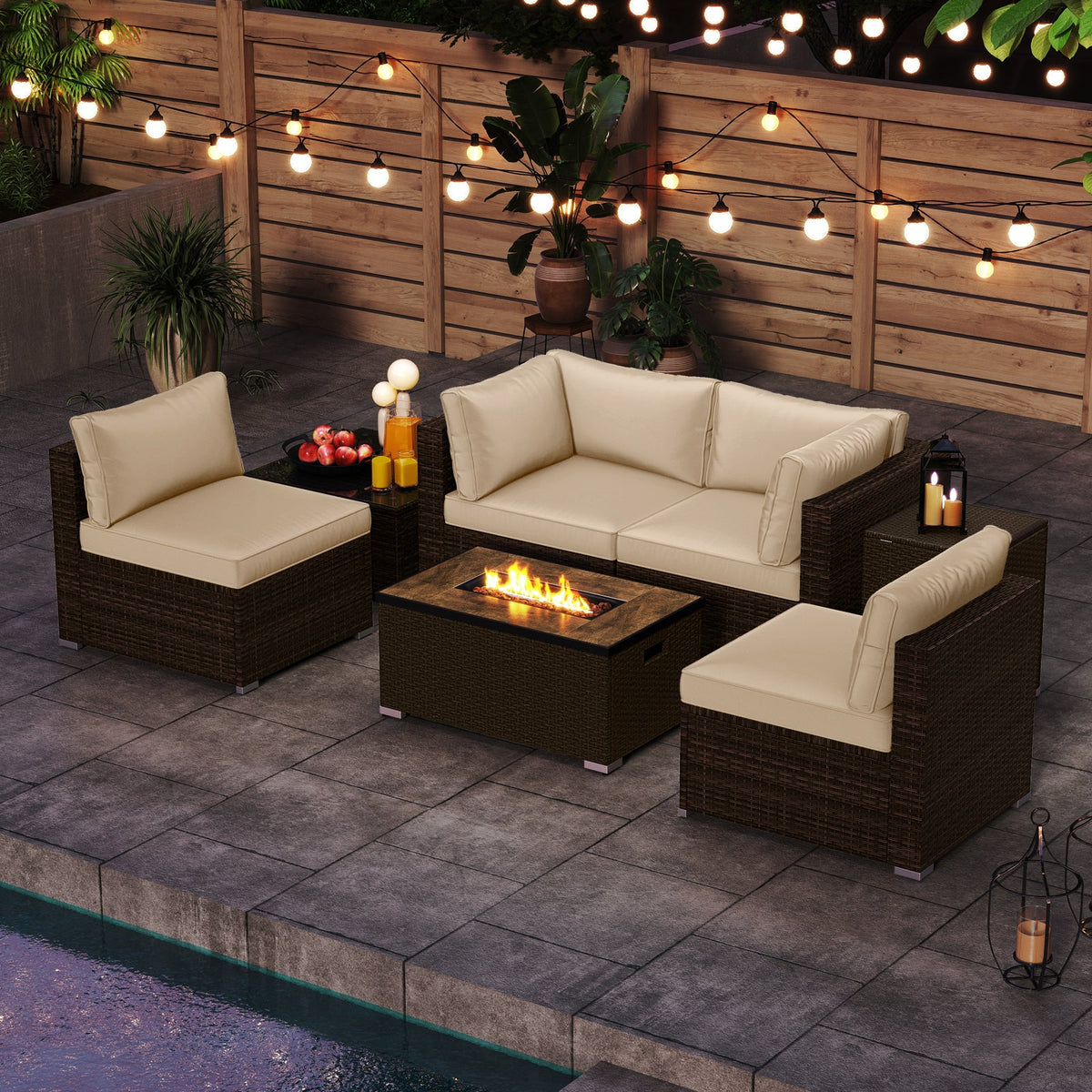 7 Pieces Outdoor Furniture Set with 32 Inch Fire Pit Table and Propane Tank Cover